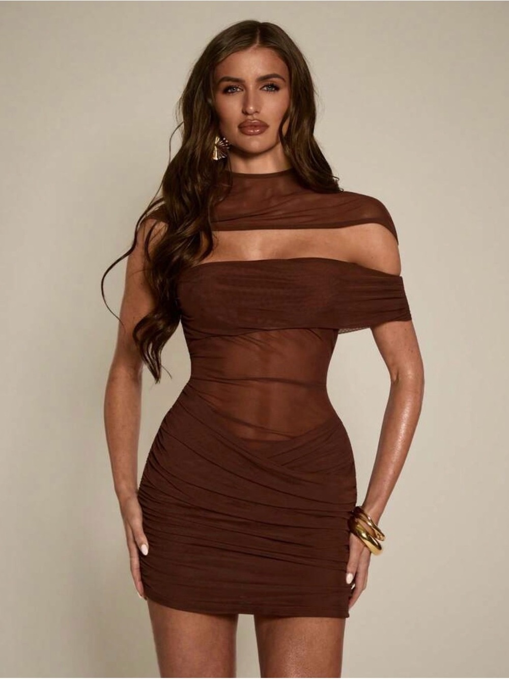 Off-Shoulder Brown Sheer Bodycon Dress